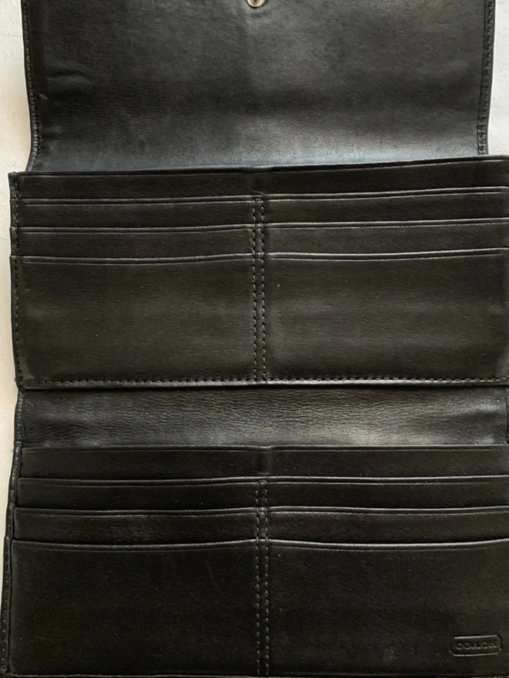 Coach Monogram Foldover Wallet in Black and gray leather interior